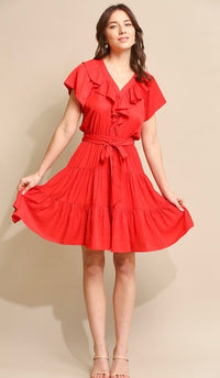 Gianna Ruffle V-Neck Dress Red