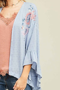 Ruffle Sleeve Embroidered Kimono Powder Blue