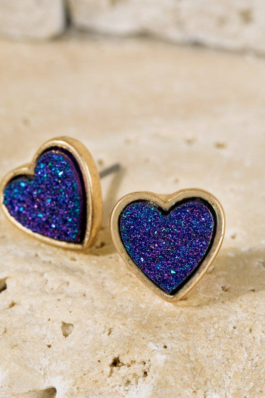 UBS021 Glittery Heart Studs Purple Blue