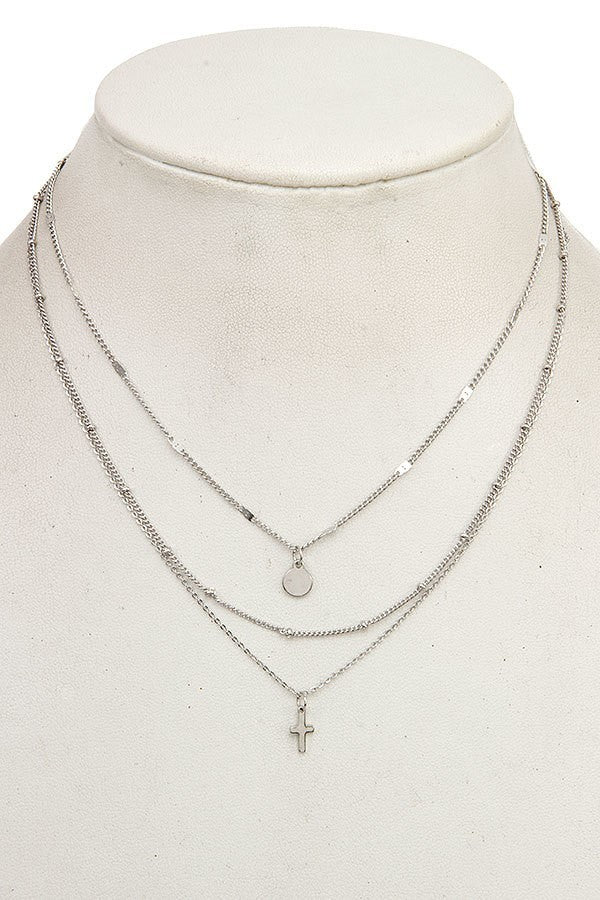 FMN102 Cross 3 Layer Pendant Necklace Silver