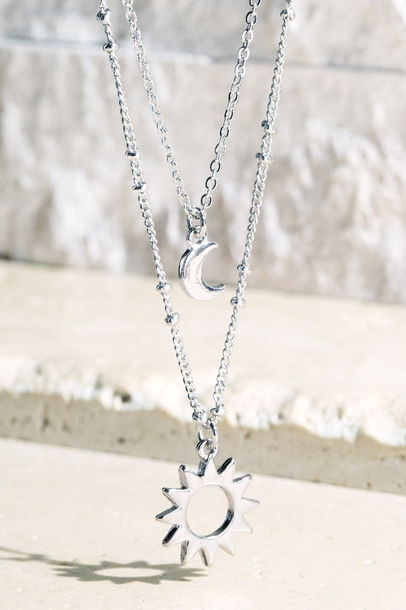 FMN150 Double Layer Sun Moon Necklace Silver