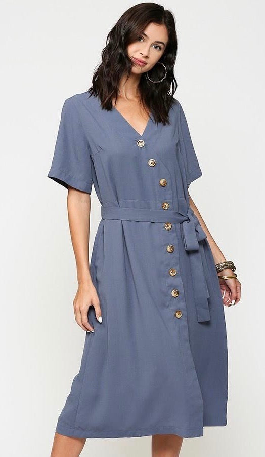 Cora Button Down Midi Dress Petrol Blue