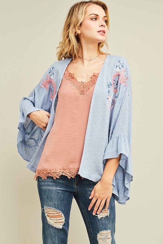 Ruffle Sleeve Embroidered Kimono Powder Blue