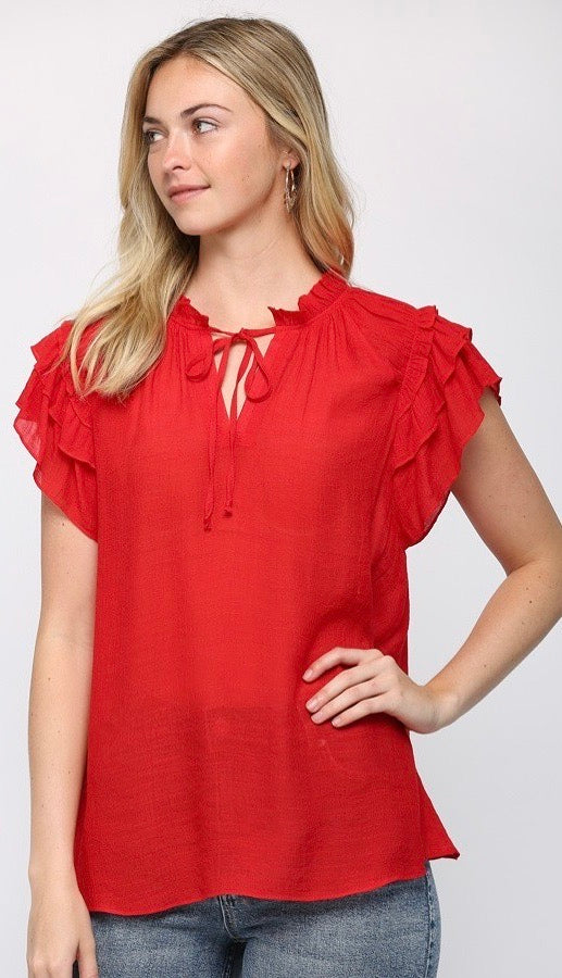 Ellie Layered Ruffle Sleeve Top Red