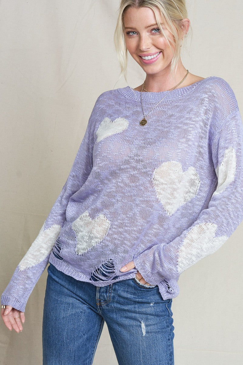 Heart Distressed Knit Lavender