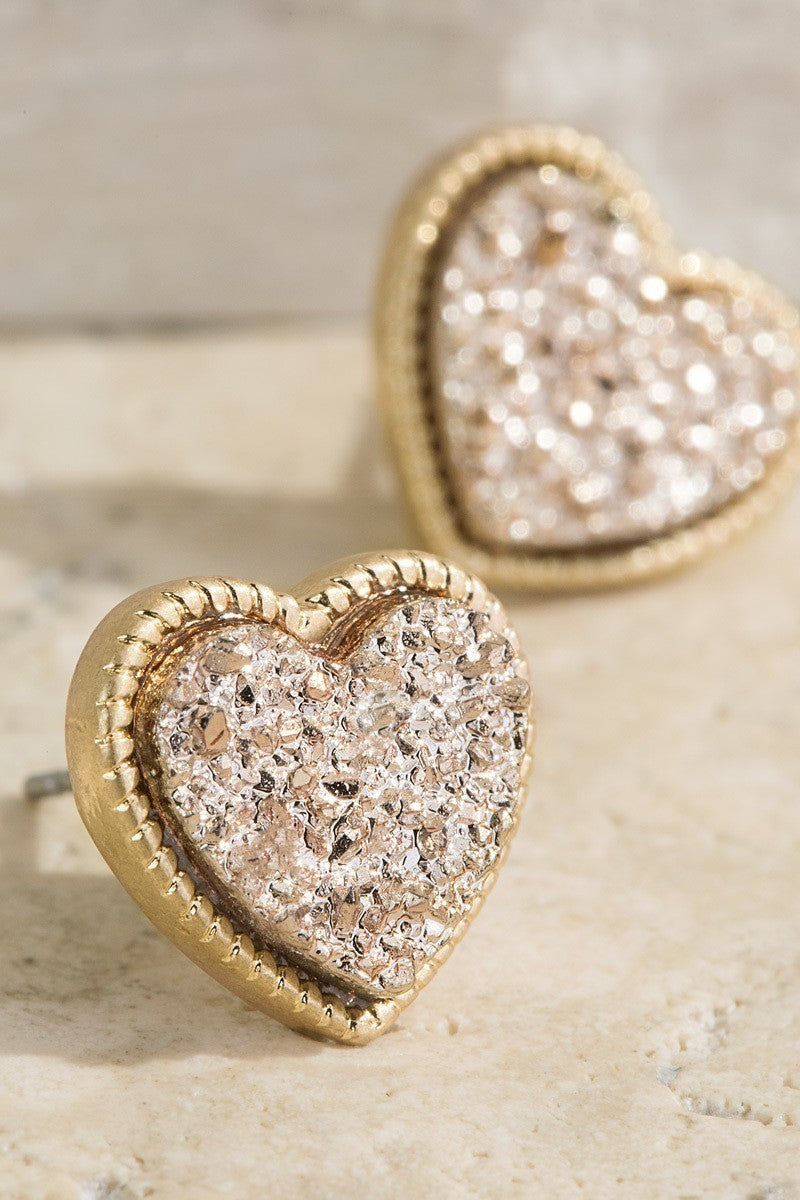 UBS023 Druzy Heart Studs Rose Gold